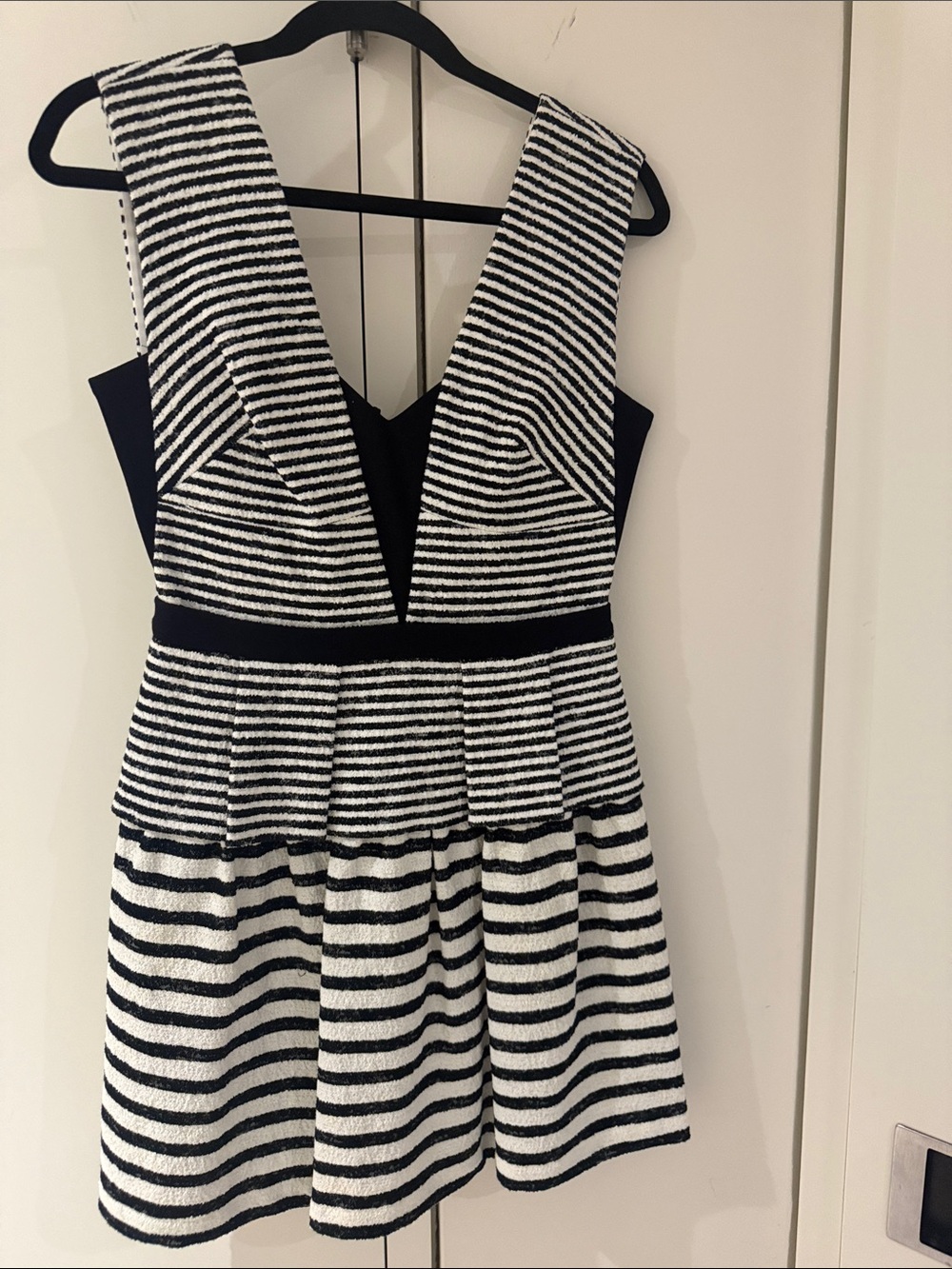 BCBG Black and White Striped Deep V Mini Dress